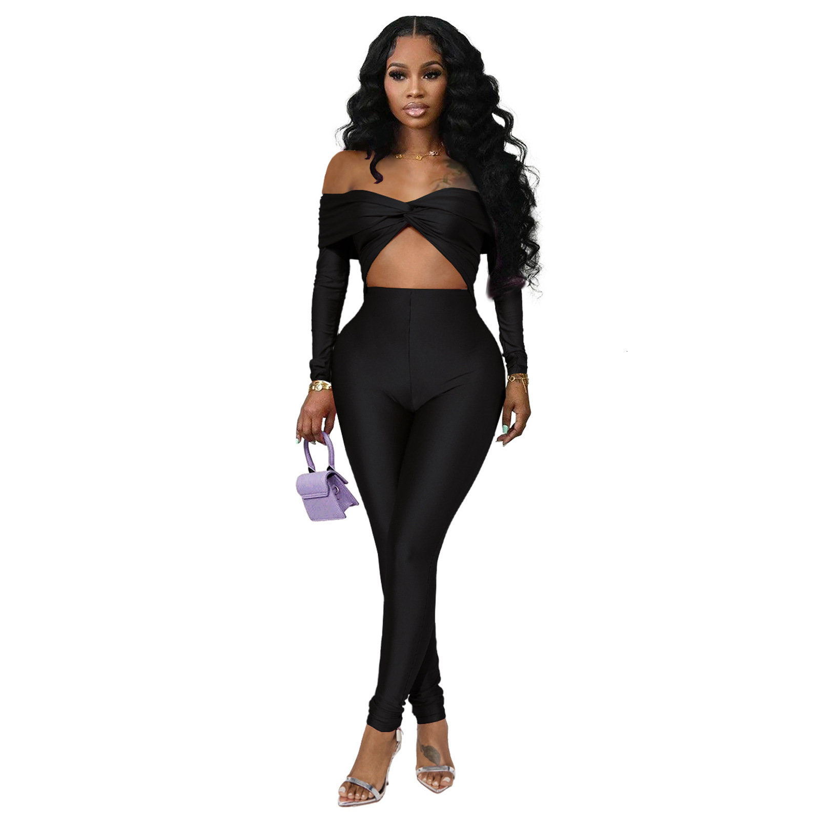GL6755 Womens Clothing Turn-down Collar Twist Knot Hollow-out Sexy High-waisted Long-sleeve Jumpsuit 250327