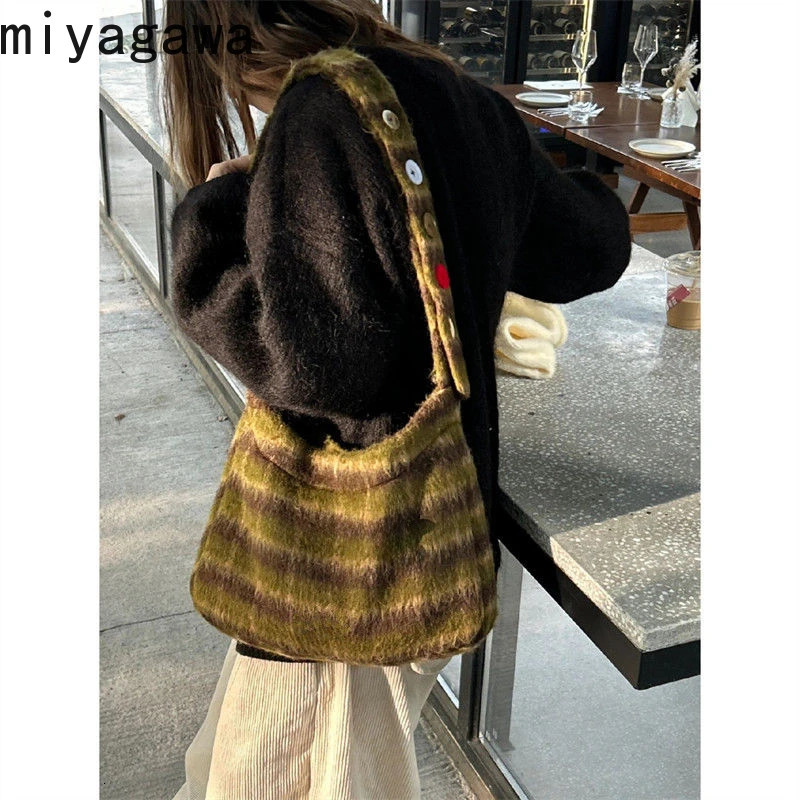 miyagawa Cute Commuting Tote Bag korean Versatile Autumn and Winter Checkered Cross Body Shoulder Bags 251104
