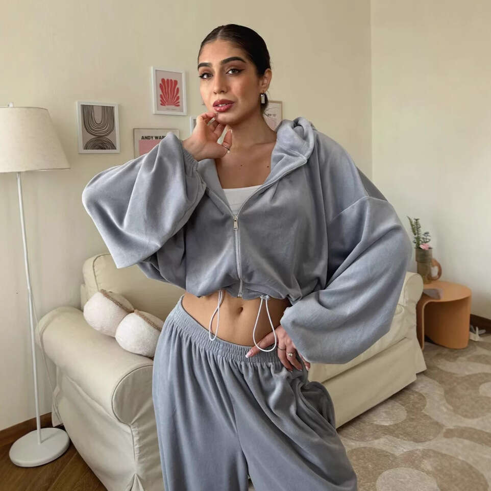 European And American Style Women's Casual Solid Color Long Sleeve Zipper Cardigan Drawstring Hooded Sweatshirt Sports Elastic Pants Two-Piece Se