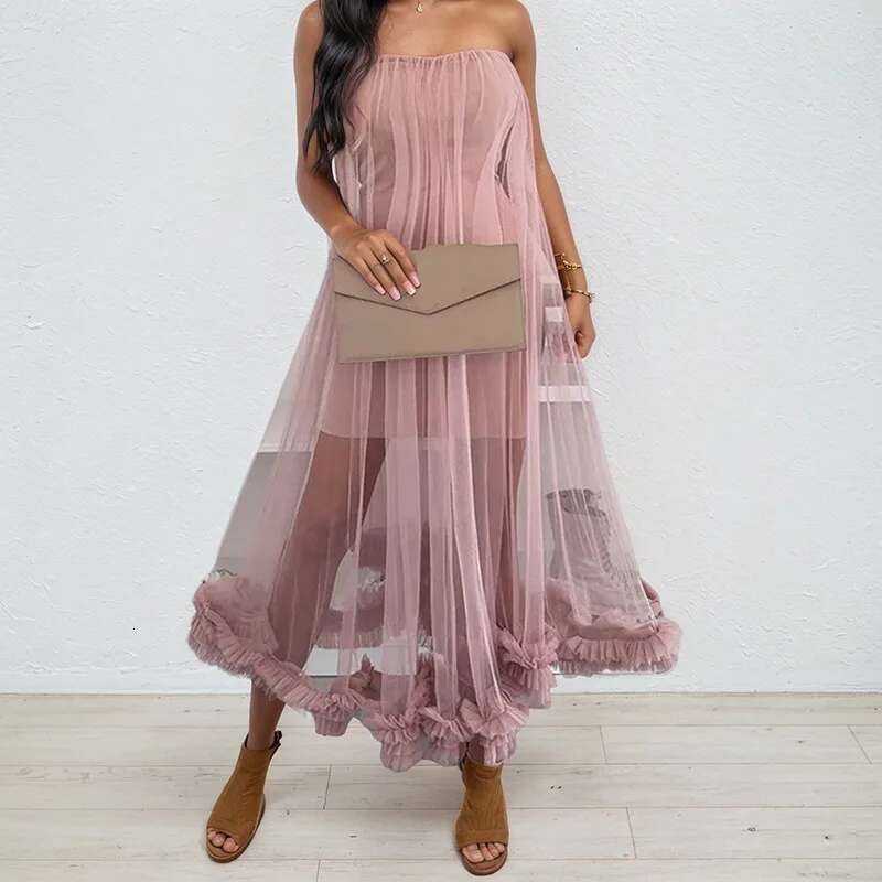 Women's Fashion Sleeveless Strapless Solid Color Dresses New Arrival Trendy Mesh Patchwork Evening Dress Female 33A2633