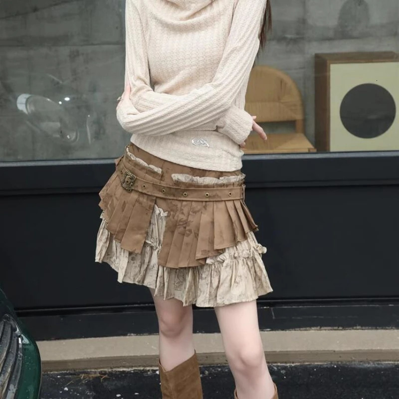 wilderness style street fashion retro heavy industry embossed two-piece pleated womens Gothic skirt 250402