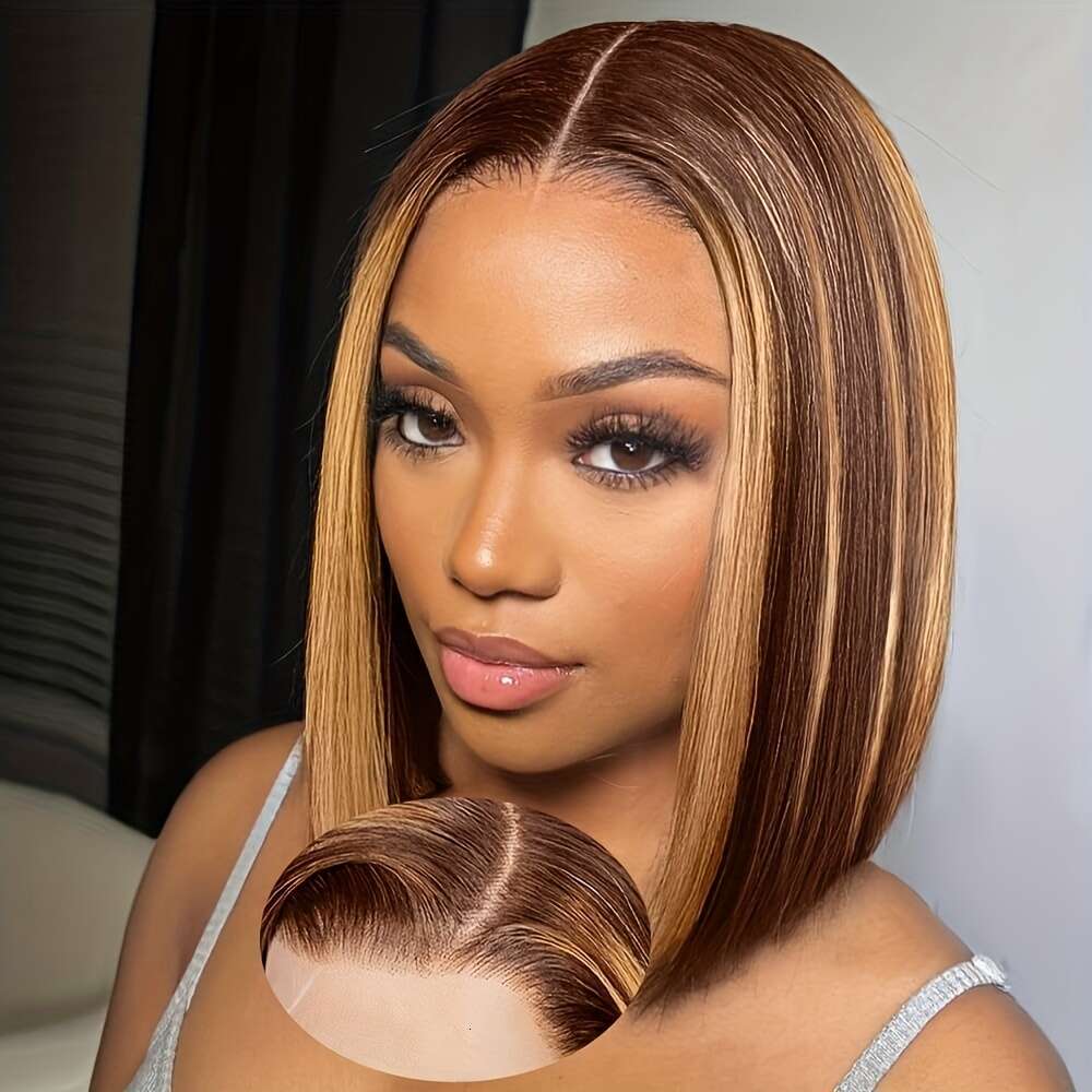 250% Density Ombre 4/27 Honey Blonde 13X4 HD Lace Front Wigs Human Hair For Women Highlight Short Glueless Straight Bob Wig, Versatile Hairpiece