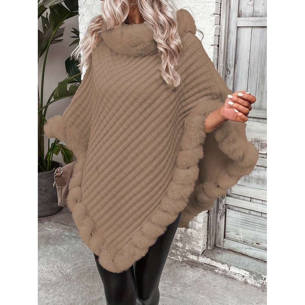 Cozy Sweater Cozy Lightweight Women's Faux Fur Trimmed Oversized Cape Ruffled Hem Cardigan In Brown Gray | Perfect For Fall & Winter, Casual To C