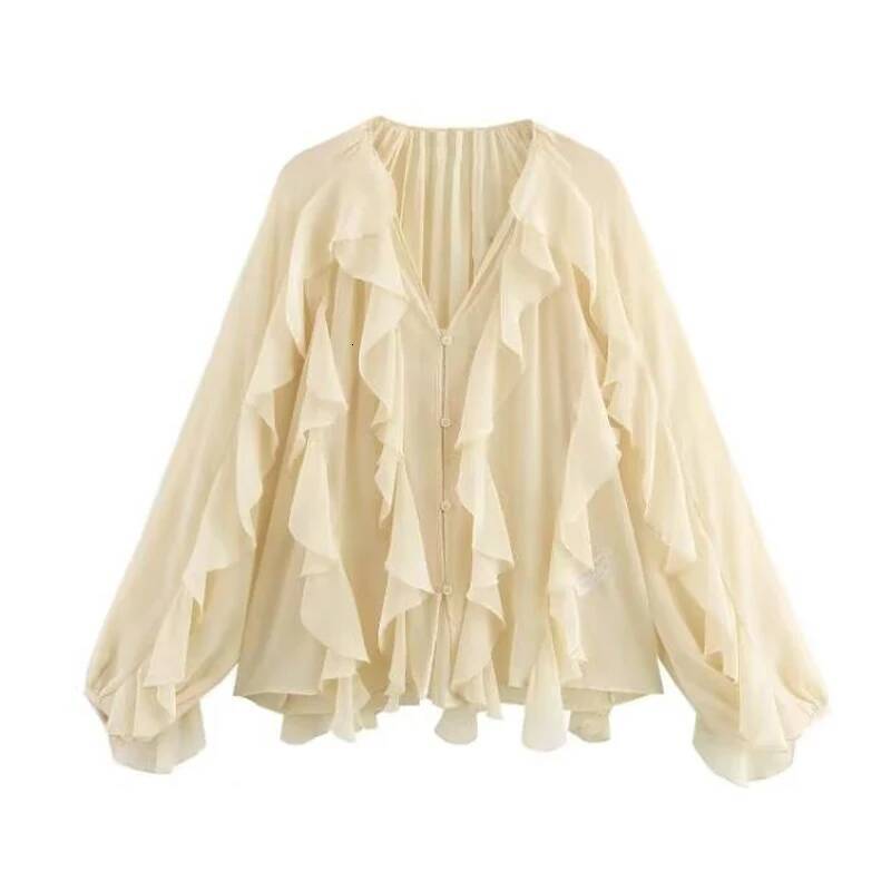 winter jacket women MUJER Ruffle Womens Semi Sheer Casual Spring Fairy Shirts and Blouses for Lady Long Sleeve Tops Woman 2025