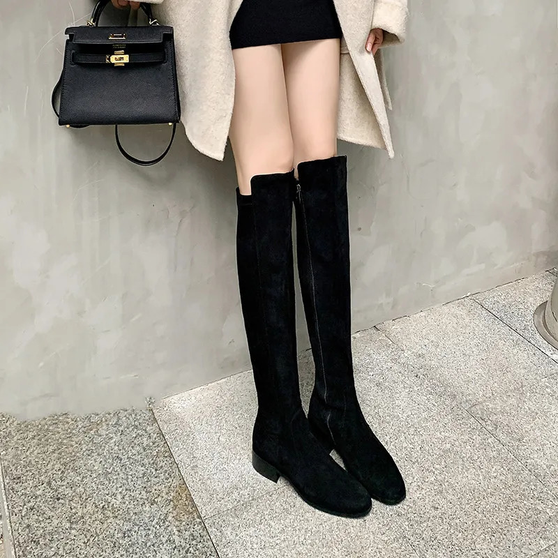 MKKHOU Fashion KneeHigh Boots Women High Quality Real Leather Stitching Low Heel Leather Boots Daily High Boots Winter 251031