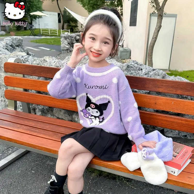 Sanrio Girls Kurom Warm Sweater Anime Autumn and Winter Kawaii New Cartoon Childrens Fashion Thicken Knitted Cardigan Tops H251105