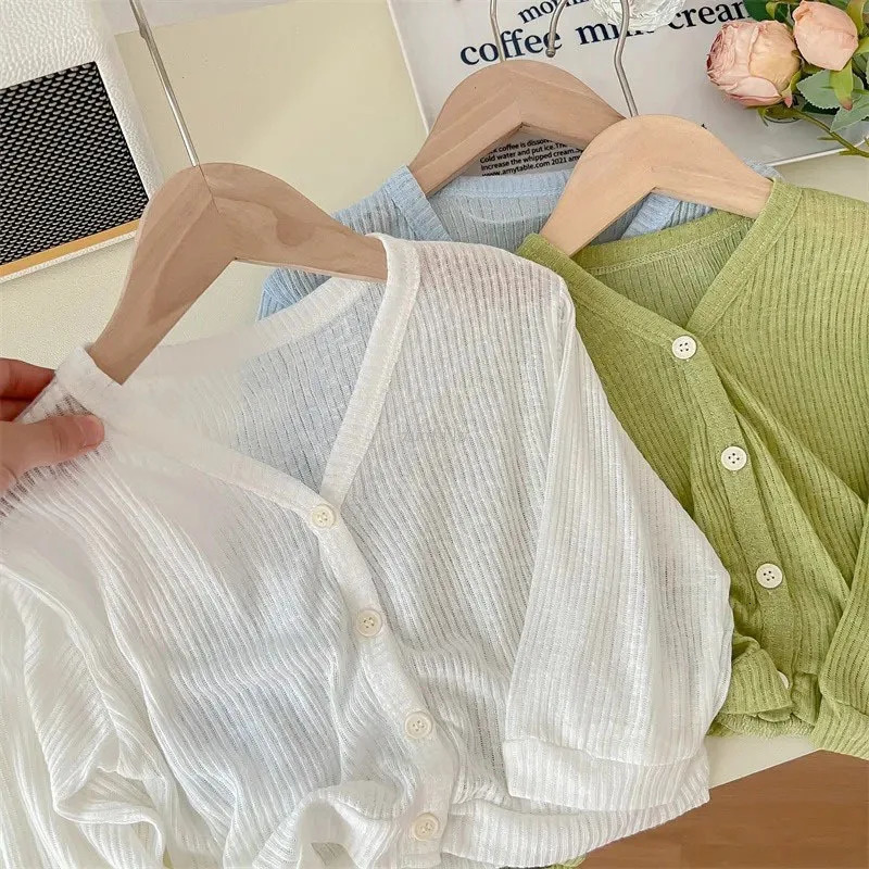 Girls summer thin cardigan wool sweater breathable outdoor childrens sunscreen set Coats solid baby air conditioning clothing 250325z