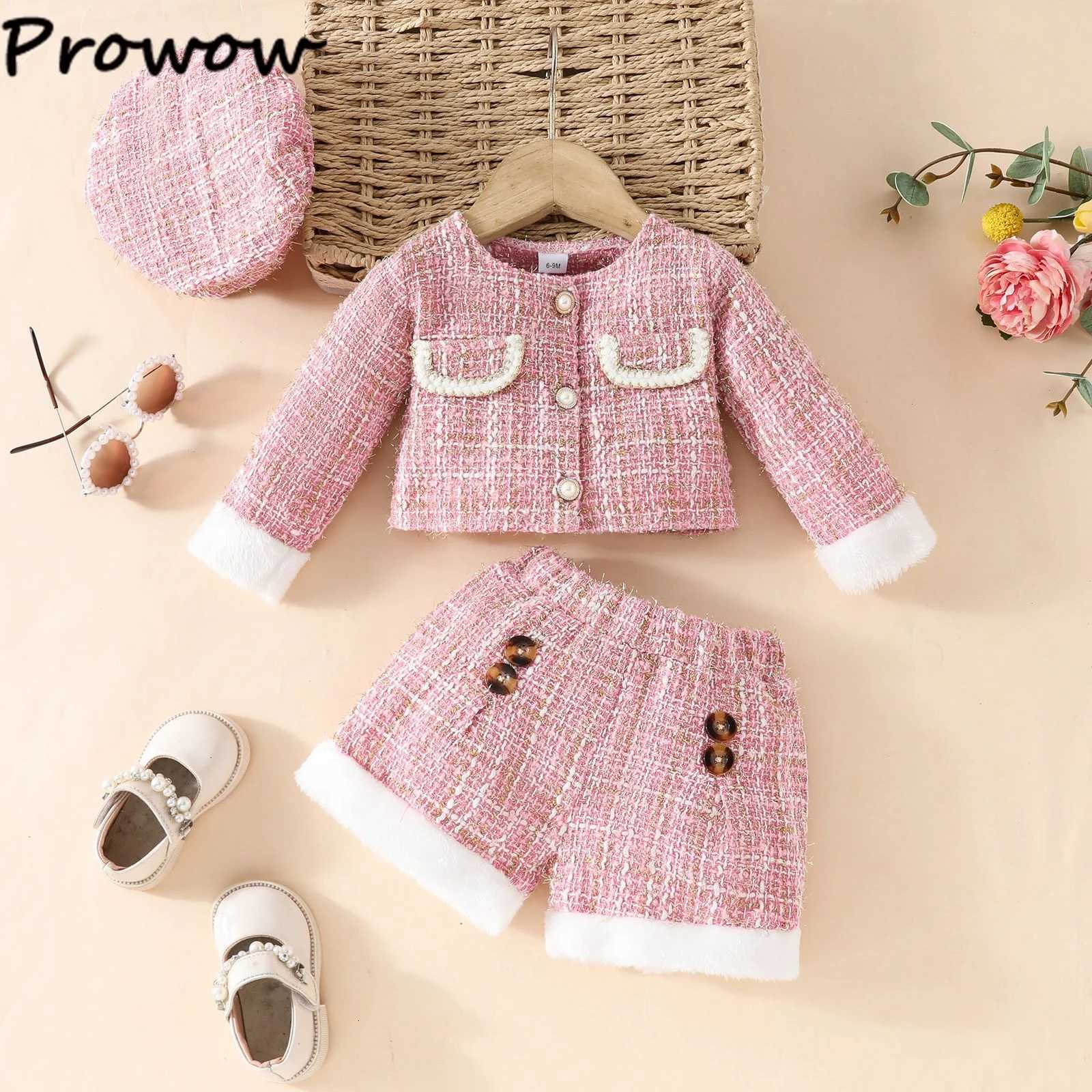 Prowow 0-3Y Baby Tweed Set For Girls Spring Autumn Faux Pocket Jacket Shorts With Beret Three Piece Outfit Kids Baby Clothes Y251105