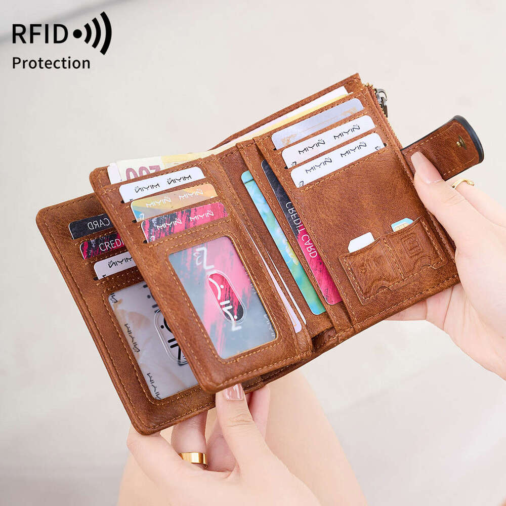 Cross-Border New RFID Anti-Theft Women's Multi-Card Slot Simple Leather European and American Retro Short Wallet