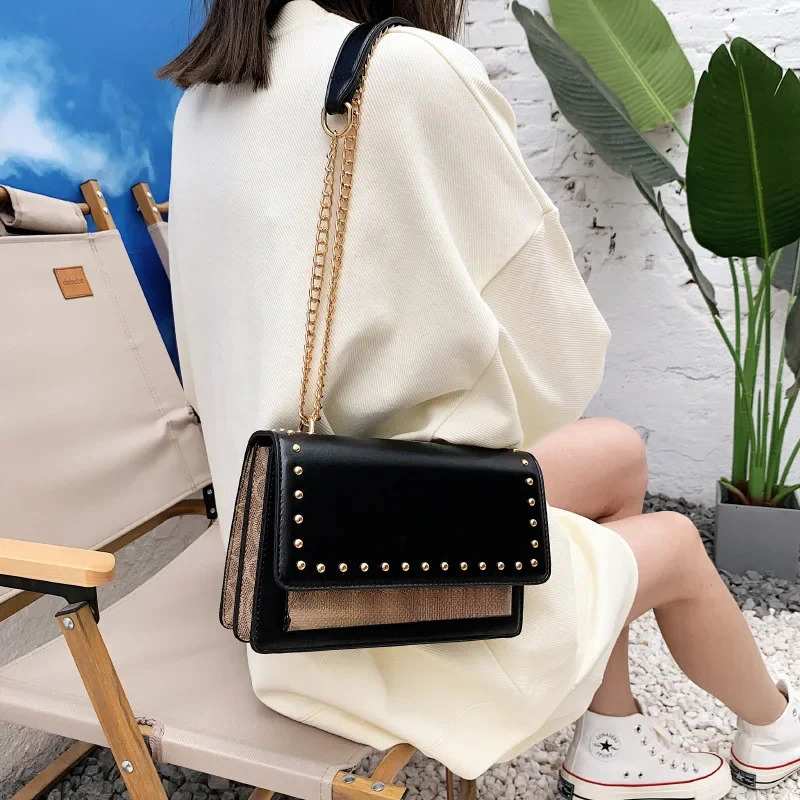 2025 new small square rivet decoration fashion chain messenger, a high-value designer multifunctional women's shoulder bag4