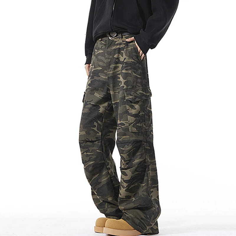 Mens Baggy camouflage open top cargo jeans mens classic straight casual denim pants American style street hip-hop denim troops 250402