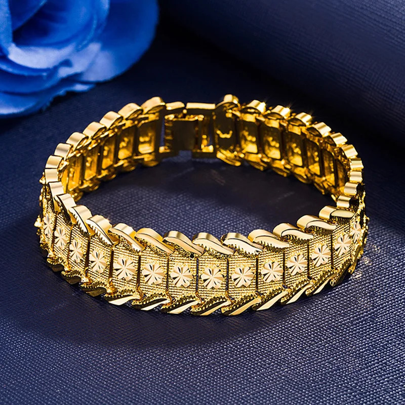 Dubai Gold Plated Bracelet For Men Flower Pattern Chunky Cuban Link Chain Bracelets Gifts For Father 251031
