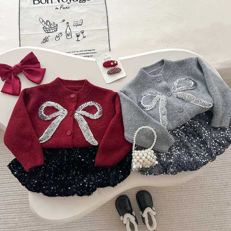 MILANCEL New Winter Kids Sweater Set Cute Bow Girls Knitted Cardigan Sequin Short Skirt Loose Korean Children Outfit 2PCS Y251105
