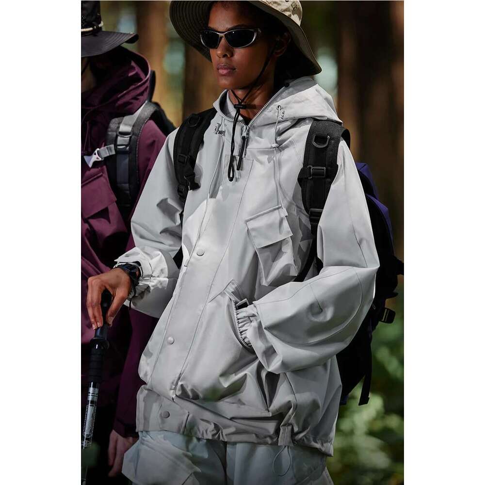 Full Zip Up Hooded Windbreaker Unisex Spring Outdoor Hiking Cargo Jacket