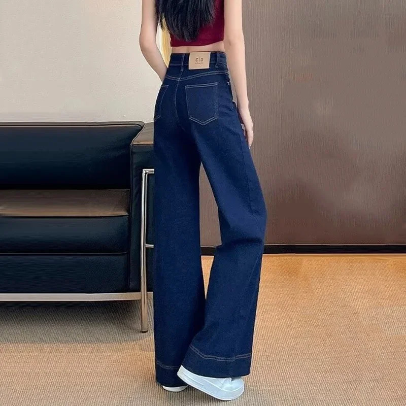 Girls Fashion Korean Straight Casual Jeans Womens Bag Waist Wide Leg Classic Laundry Deep Blue Trousers 250403