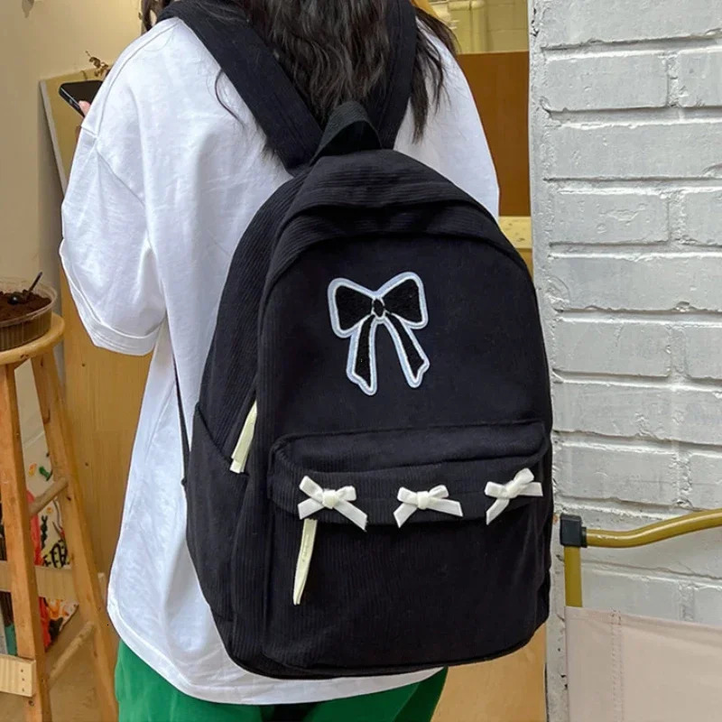 Cute Bowknot Aesthetic Backpacks Lightweight School Bookbags Students Sweet Rucksack for Womens Corduroy College Mochilas 251104