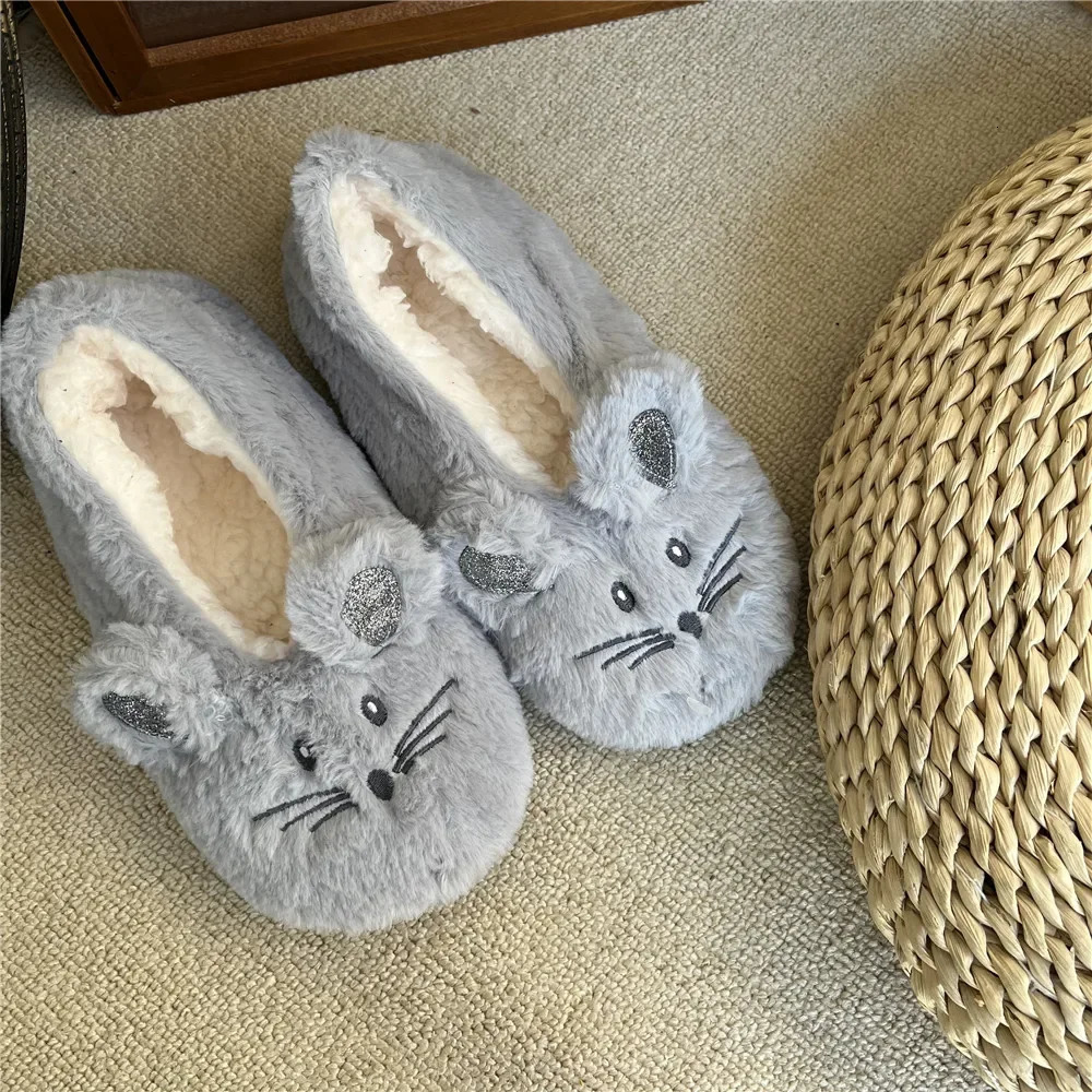 Home Fuzzy Slipper Women Winter Fur Warm Plush Non Slip Grip Indoor Fluffy Lazy Female Mouse Ears Floor Shoe Sneaker Living Room 251031