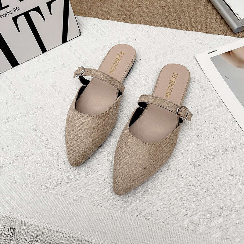 Slippers for women's outdoor wear 2025 new summer fashion versatile flat bottomed toe soft leather lazy person internet famous pointed half slipp