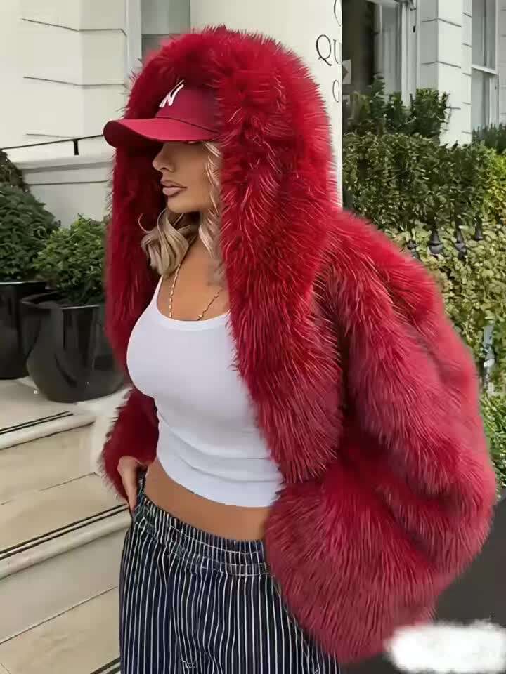 Women's Elegant Red Faux Fur Hooded - Long Sleeve, Button-Up Front, Lined, Perfect For Fall/Winter, Casual Style, Outerwear Fluffy Lined | Button