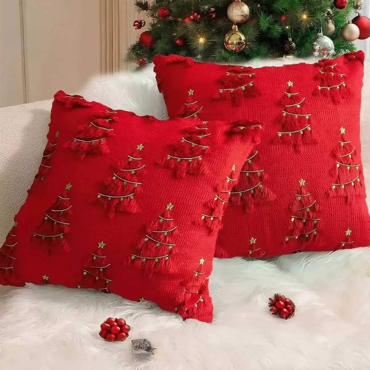 Red Christmas Throw Pillow Covers 18x18 Soft Faux Fur Pillow Cases Holiday Decorations Fluffy Plush Accent Couch Cushion Y251105
