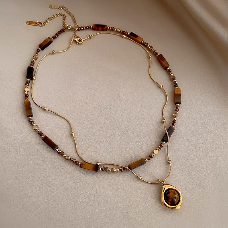 Double Layer Stacked Autumn Winter Melad Beaded Tiger Eye Stone Pendant Necklace Vintage Elegant Internet Celebrity Sweater Chain