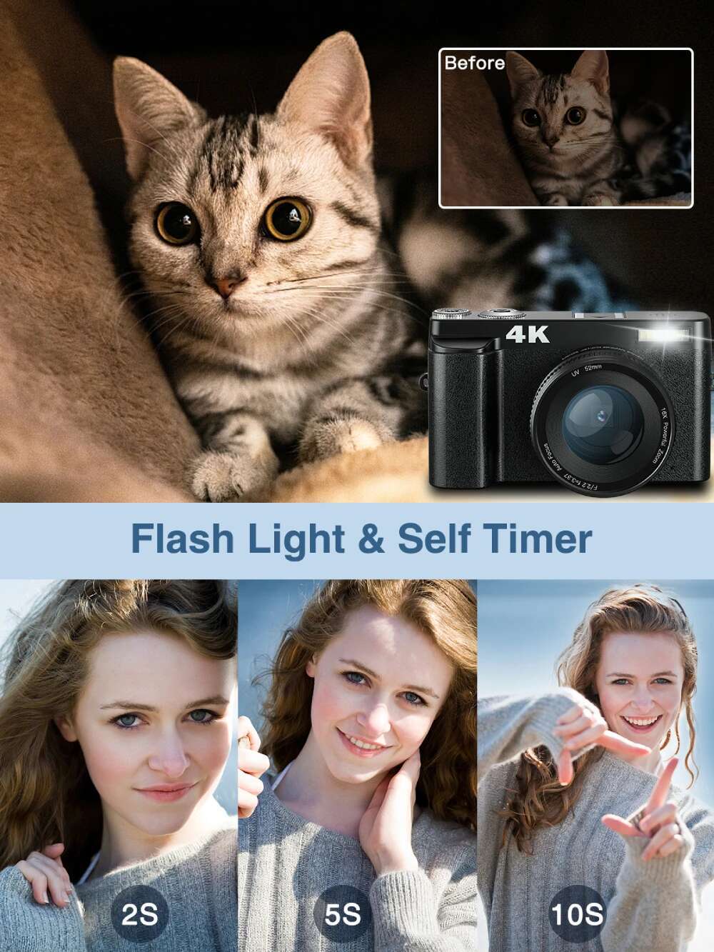 4K Digital for Photography and Video Autofocus Anti-Shake 48MP Compact Vlogging Camera 3'' 180° Flip Screen with Flash