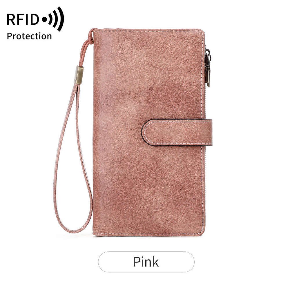 Cross-Border New RFID Long Retro Multifunctional Women's Wallet Solid Color Portable Large Capacity Clutch