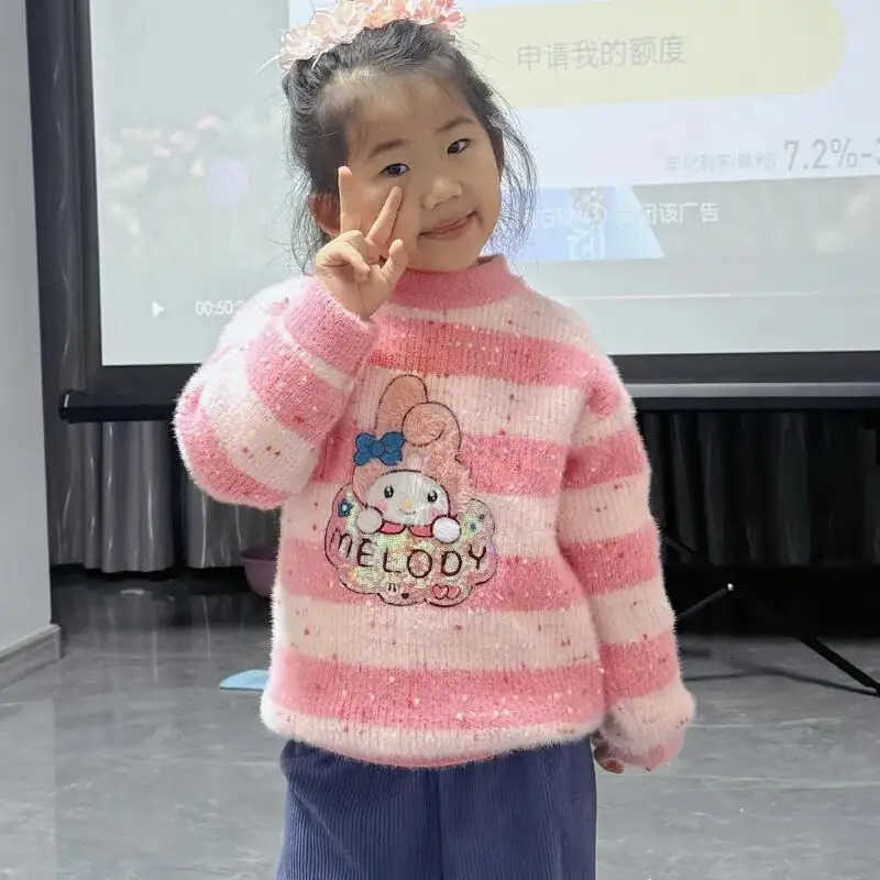 Sanrio My Melody Kids Cartoon Sweater Kuromi Children Kawaii Leisure Fashion Thickened Glitter Knitwear Autumn Winter Clothes H251105