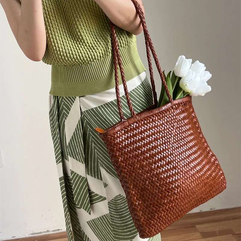 Japanese top layer cowhide hand retro leather woven bucket Single shoulder vegetable basket bag female