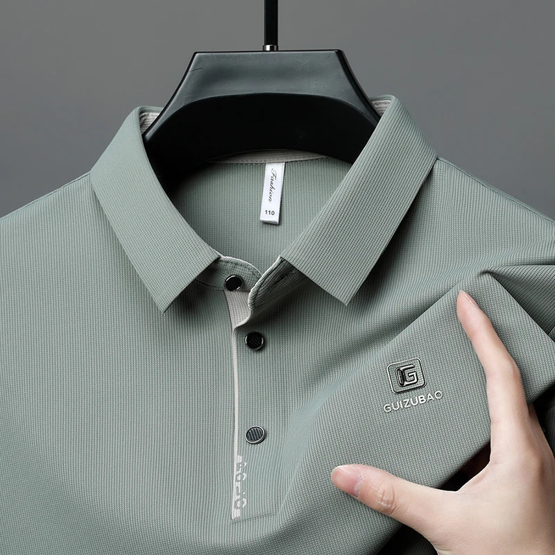 Mens high-end lapel polo shirt summer printed business fashionable ice silk short sleeved seamless top mens clothing 250401