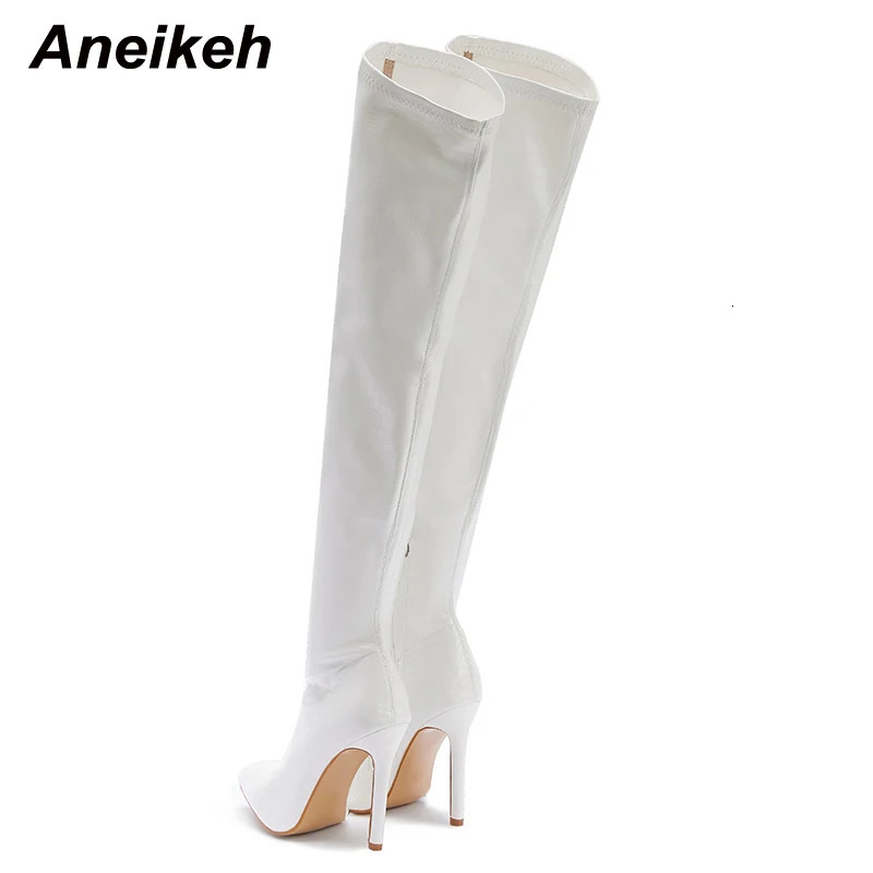 Aneikeh White Sexy OvertheKnee Side Zipper SlipOn Pointed Toe Shoes Fashion Striped Thin Heels Ladies Boots 2025 Spring 251103