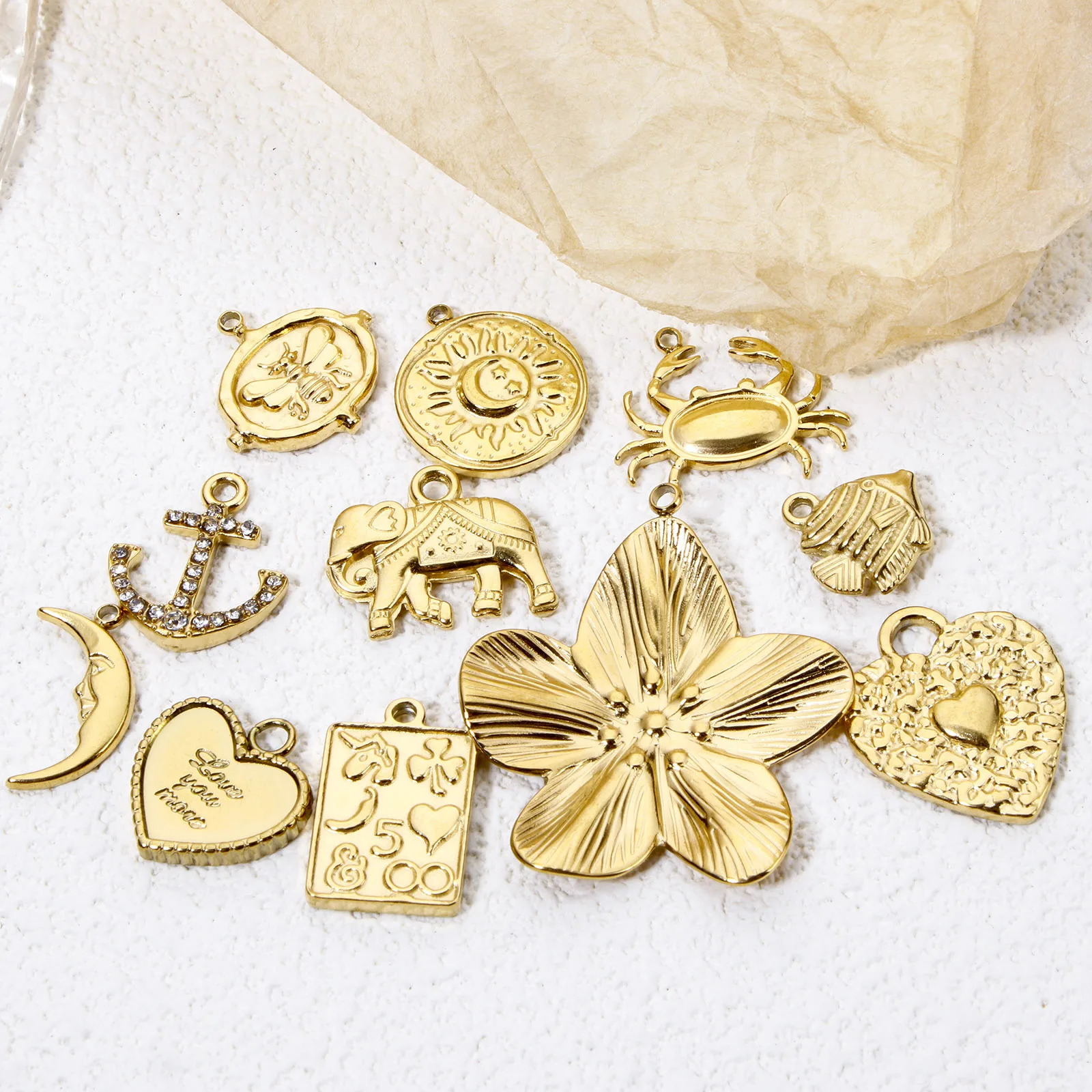 2 pieces of 304 stainless steel charming fish heart flower goldplated mini pendant DIY necklace earrings suitable for womens jewelry making 250325