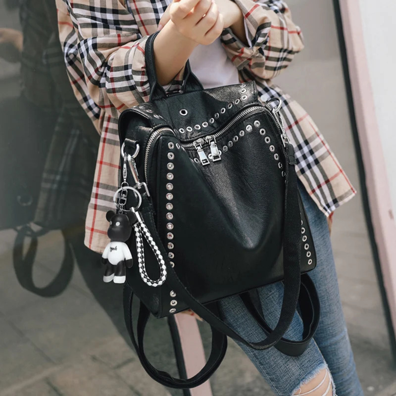 Women Genuine Real Leather Backpack Rivet Multifunctional Shoulder Bag Female Retro Travel Teenage Fashion Schoolbag 251104