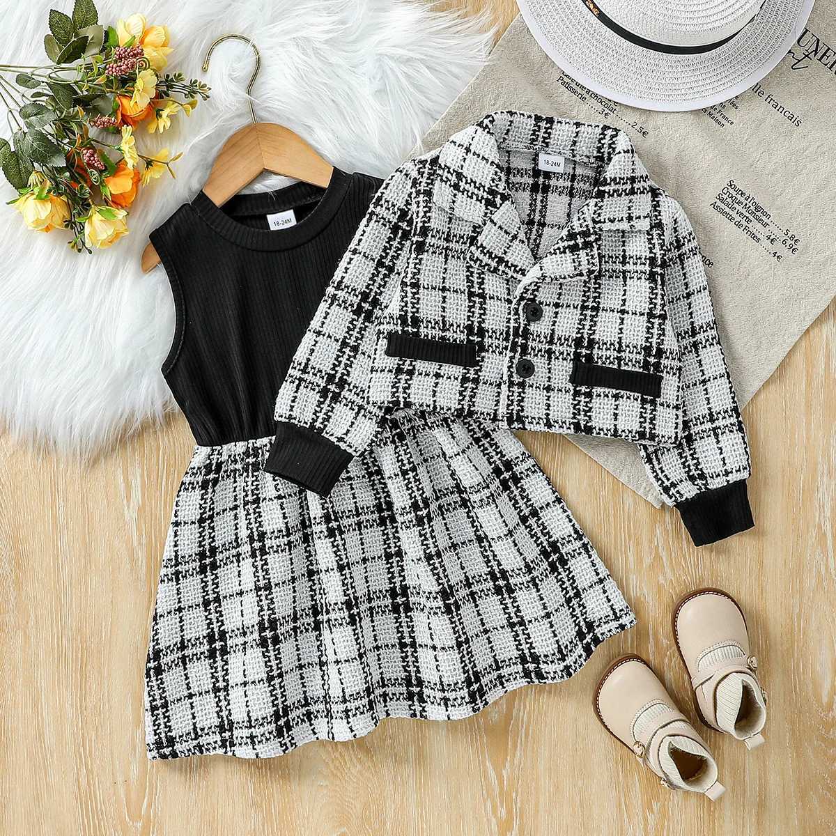 Kids 2025 Autumn/Winter Sleeveless Plaid Dress Plaid Long Sleeve Jacket With Button For 1-6Y Girls Active Fashion Dress Set Y251105