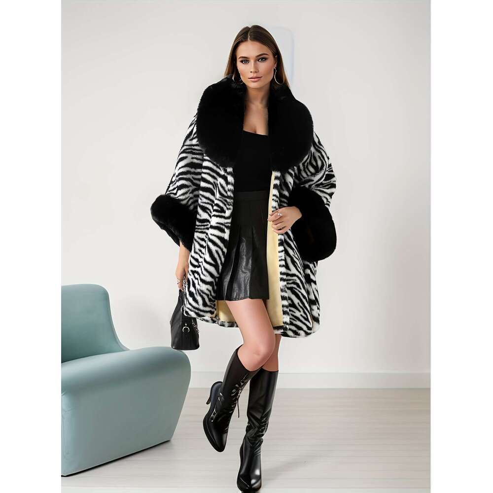 Autumn And Winter Thickened Cow Zebra Leopard Print Spotted Shawl Canopy Loose Faux Fur Bat Style Open Cardigan Cloak