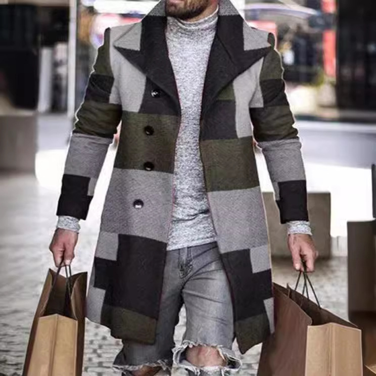 Spring new 3D digital printed mens woolen lapel plaid coat mens woolen coat mens clothing