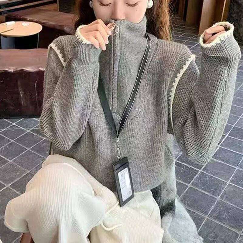 Autumn And Winter New Semi-Zipper Sweater Turtle Neck Women's Joker Loose Padded Knit Top Designer Sweater Bear Sweater