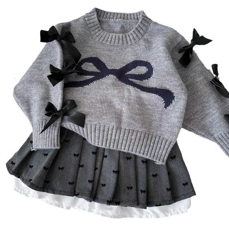 Autumn Children Girls Two-piece Clothes Set Kid Girl Bow Red Knit Sweater Suits Loose Print Spliced Pleated Skirt Outfit Clothes Y251105