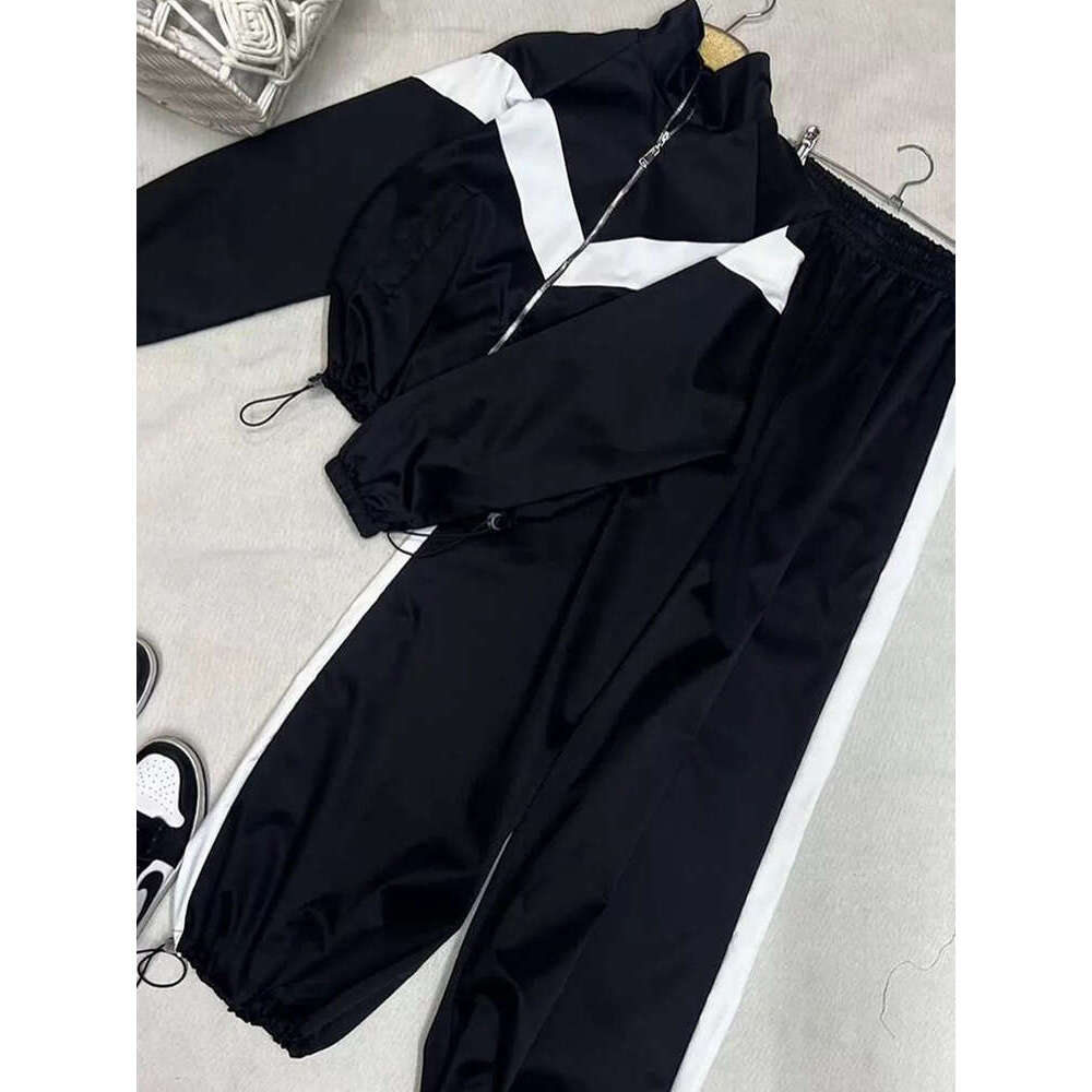 Fashion Casual European American Long Sleeve Color Block Sports Cardigan And Pants Set Street Style Outfit B5