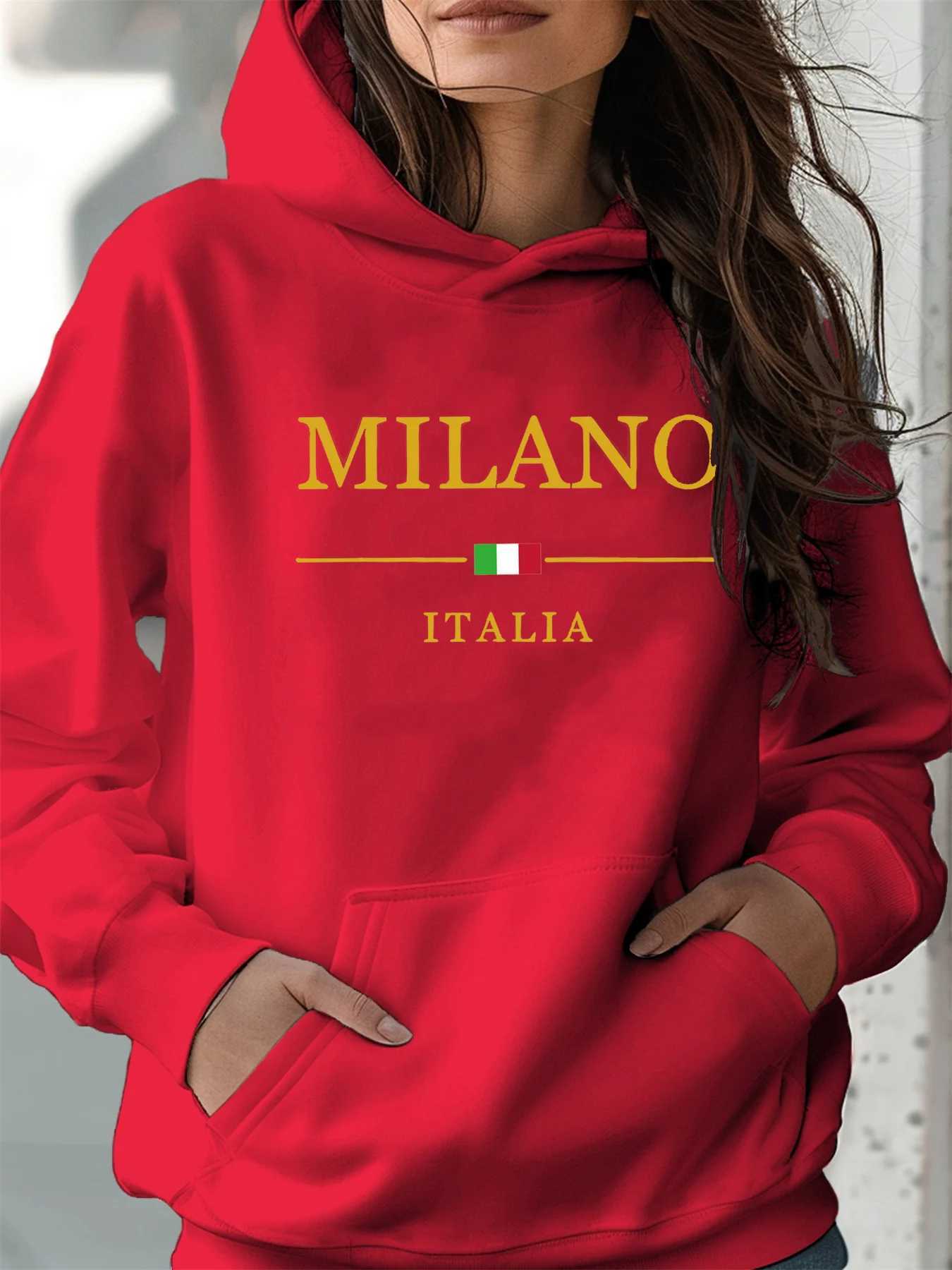 Womens autumn and winter warm and loose casual MILANO ITALIA pattern printed suede long sleeved hooded sweatshirtT251105