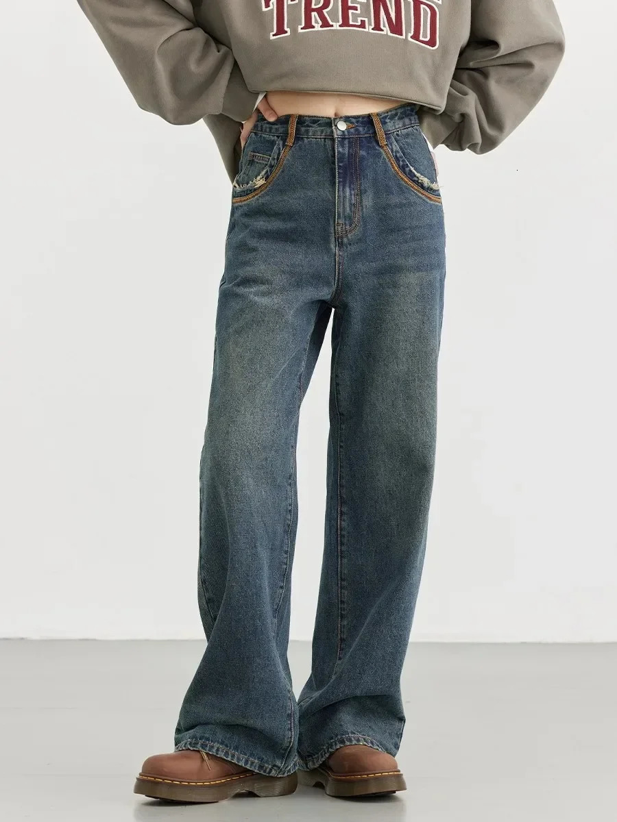 CHIC VEN Womens Jeans Blue Retro High Waist Contrast Cotton Wide Leg Trousers SpringSummer 250403