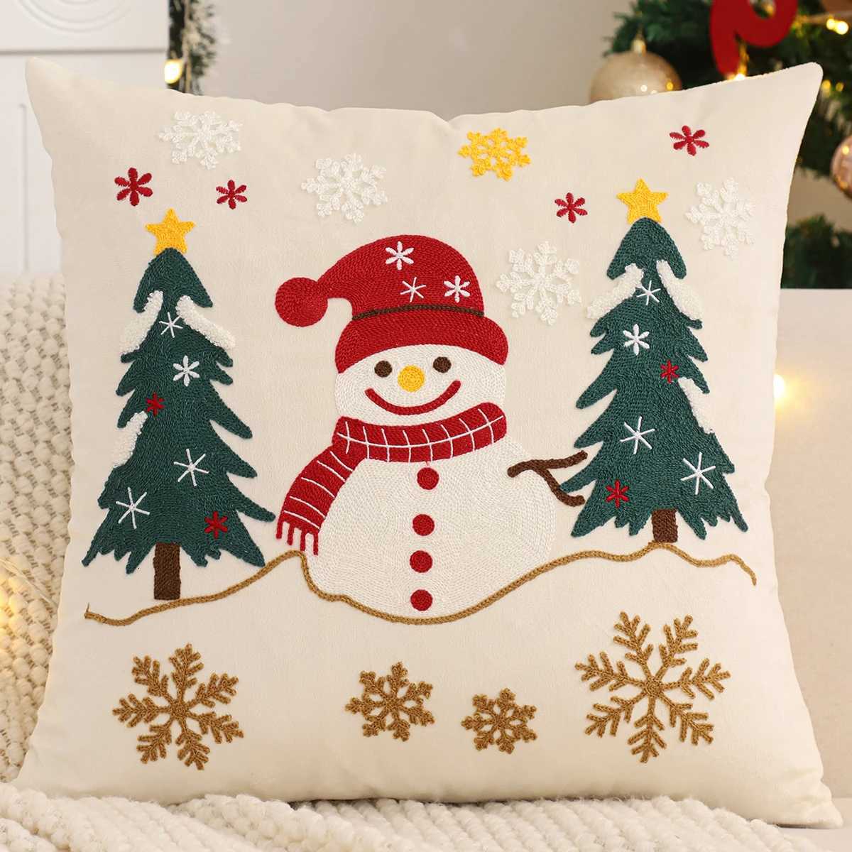 Embroidery Throw Pillow Cover Christmas Decoration Velvet Soft Christmas Tree Hat Cherry Winter Farmhouse Home Sofa Living Room Y251105