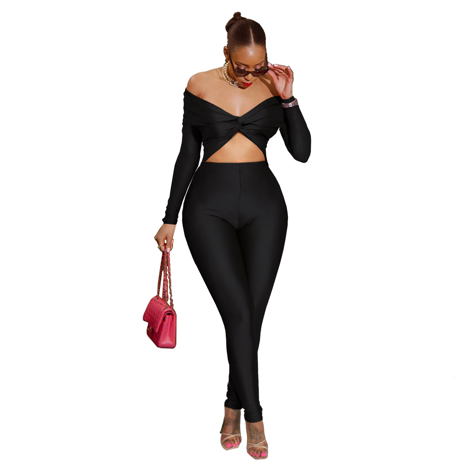 GL6755 Womens Clothing Turn-down Collar Twist Knot Hollow-out Sexy High-waisted Long-sleeve Jumpsuit 250327