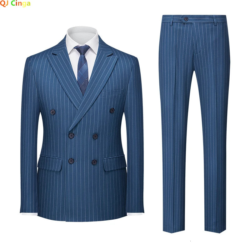 Blue Pinstripe Mens Doublebreasted Suit Twopiece WeddingPartyBusiness Dress Jacket and Pants Red Gray Male Sets M4XL 5XL 251105