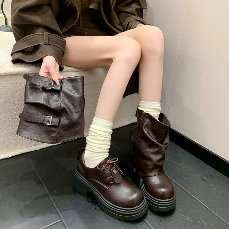 High Quality Fashion Two-Way Belt Buckle Cuff Short 2025 Autumn New Slimming Casual Slouchy Long Tube Riding Boots for Women Women's Leather Boot