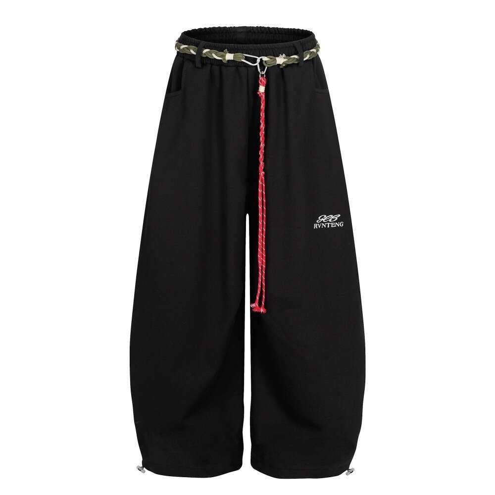 Unique Woven Waist Rope Oversized Wide-Leg Pants for Men American Style Trendy Brand Vibe Drawstring Cuff Design Sports Trousers