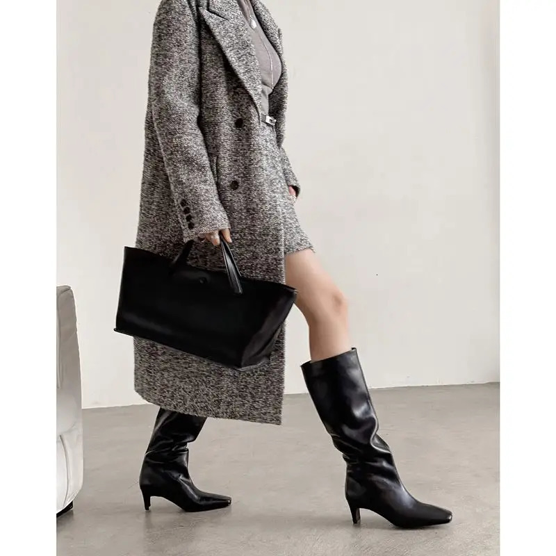 MORAZORA 2025 Genuine Leather Boots Women Square Toe High Heels Pleated Knee High Boots Fashion Modern Boots Street Shoes 251031