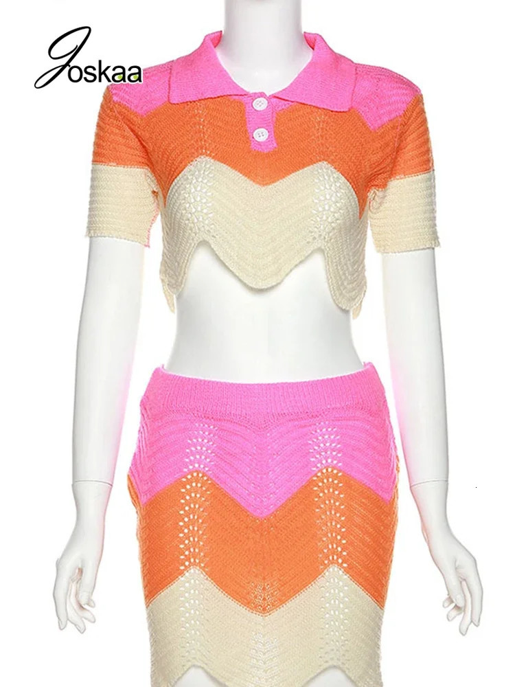 Joskaya striped knitted lapel short sleeved crop top mini skirt two-piece matching set womens clothing summer sexy club clothing 250401