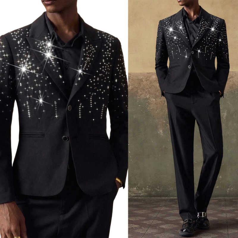 Shining Wedding Groom Tuxedos Slim Fit 2 Pieces Blazer Pants Single Breasted Beaded Rhinestone Special Occasion Party Customized