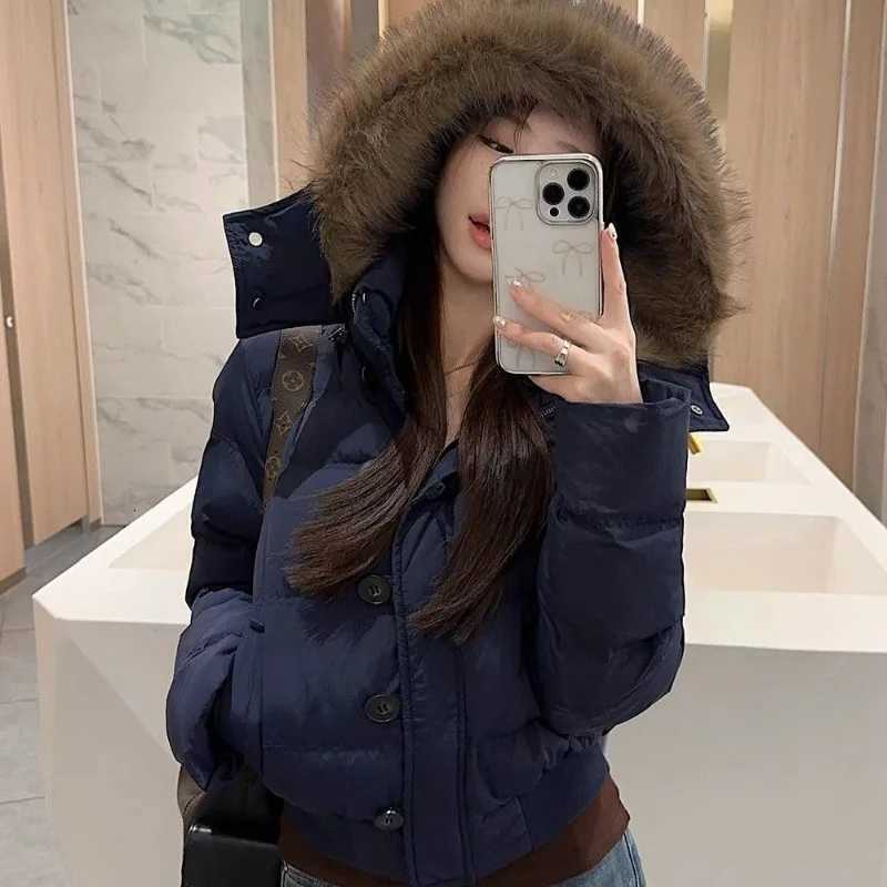 American Retro Trendy Fur Collar Zipper Hooded Winter Coat Women Fashion Simple Street Loose Velvet Warm Harajuku Casual JacketT251105